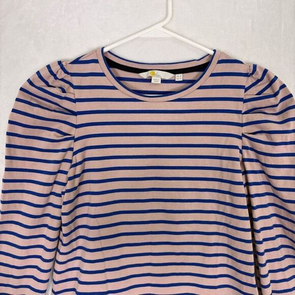 Boden Striped Puff Sleeve Long Sleeve Cotton Top Pink with Blue Stripes Women's - Picture 2 of 9